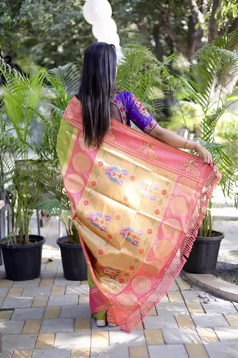 Light green paithani silk blend saree with contrast border & zari floral weaving