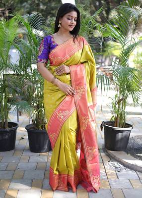 Mustard yellow paithani silk blend saree with contrast border & zari floral weaving 1