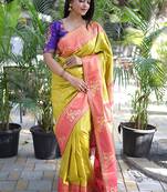 Mustard yellow paithani silk blend saree with contrast border & zari floral weaving