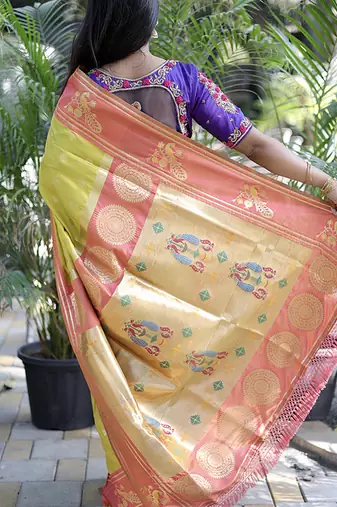 Mustard yellow paithani silk blend saree with contrast border & zari floral weaving