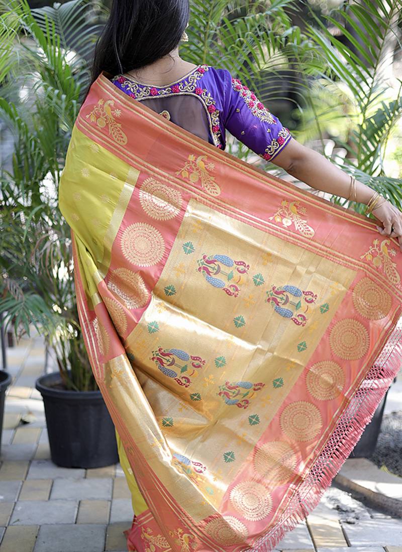 Mustard yellow paithani silk blend saree with contrast border & zari floral weaving