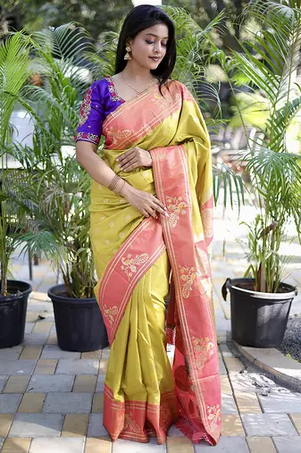 Mustard yellow paithani silk blend saree with contrast border & zari floral weaving