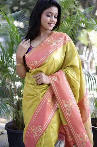 Mustard yellow paithani silk blend saree with contrast border & zari floral weaving