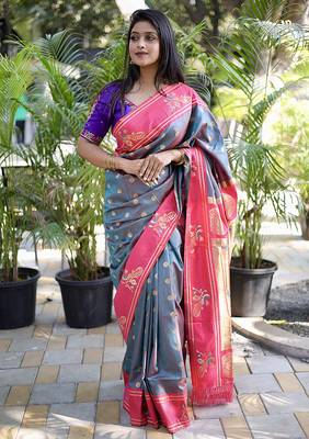 Slate grey paithani silk blend saree with contrast border & zari floral weaving 1