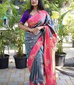 Slate grey paithani silk blend saree with contrast border & zari floral weaving