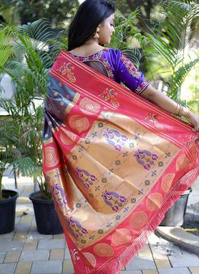 Slate grey paithani silk blend saree with contrast border & zari floral weaving 2