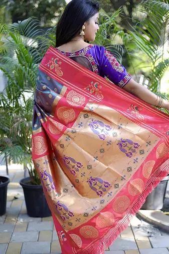 Slate grey paithani silk blend saree with contrast border & zari floral weaving
