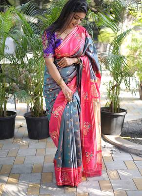 Slate grey paithani silk blend saree with contrast border & zari floral weaving 3