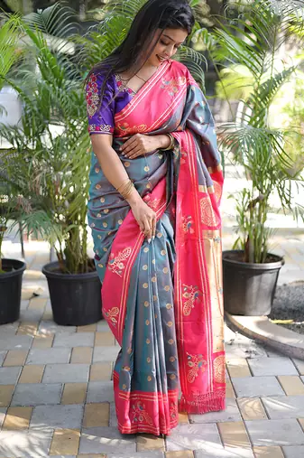 Slate grey paithani silk blend saree with contrast border & zari floral weaving