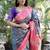 Slate grey paithani silk blend saree with contrast border & zari floral weaving