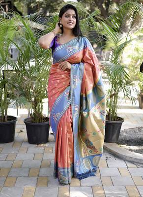 Coral paithani silk blend saree with contrast border & zari floral weaving 1
