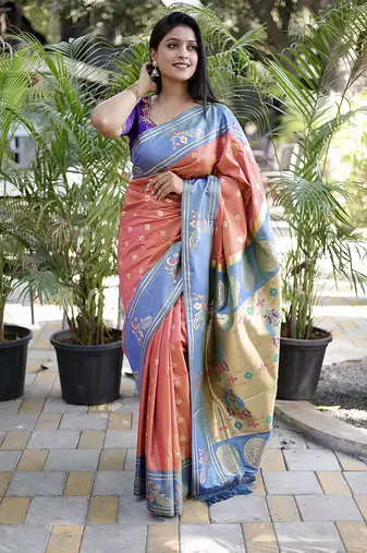 Coral paithani silk blend saree with contrast border & zari floral weaving
