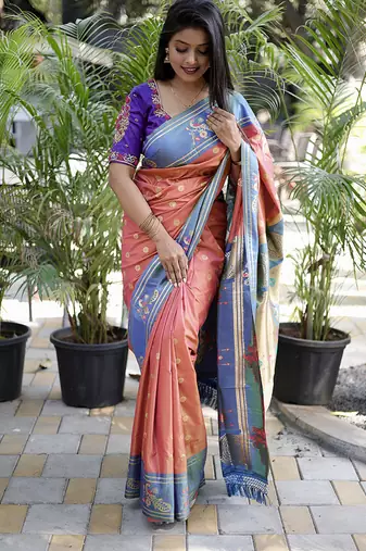 Coral paithani silk blend saree with contrast border & zari floral weaving