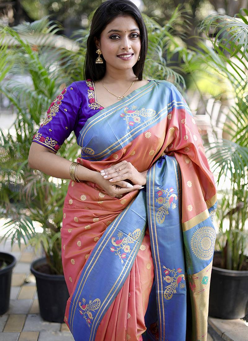 Coral paithani silk blend saree with contrast border & zari floral weaving