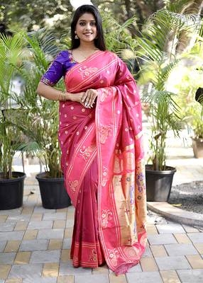 Magenta pink paithani silk blend saree with contrast border & zari floral weaving 1