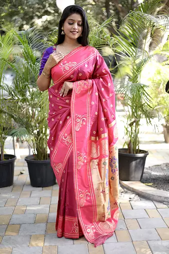 Magenta pink paithani silk blend saree with contrast border & zari floral weaving