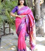 Rani pink paithani silk blend saree with contrast border & zari floral weaving