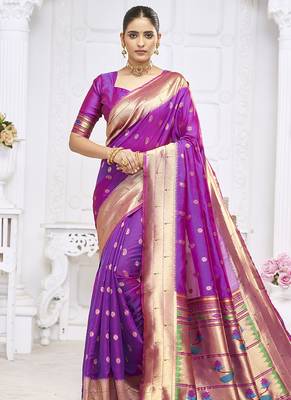 Royal purple paithani silk blend saree with gold zari border & peacock pallu 1