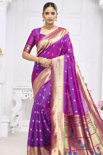 Royal purple paithani silk blend saree with gold zari border & peacock pallu