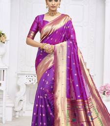 Royal purple paithani silk blend saree with gold zari border & peacock pallu