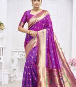Royal purple paithani silk blend saree with gold zari border & peacock pallu