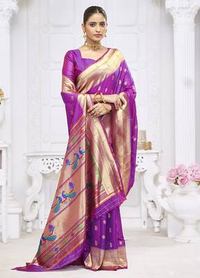 Royal purple paithani silk blend saree with gold zari border & peacock pallu 2