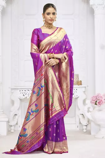Royal purple paithani silk blend saree with gold zari border & peacock pallu