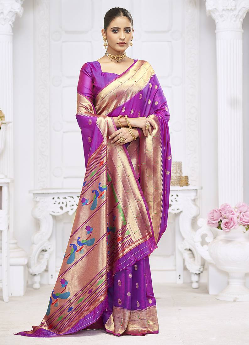 Royal purple paithani silk blend saree with gold zari border & peacock pallu