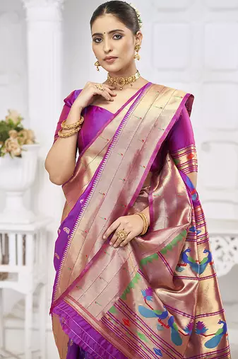 Royal purple paithani silk blend saree with gold zari border & peacock pallu