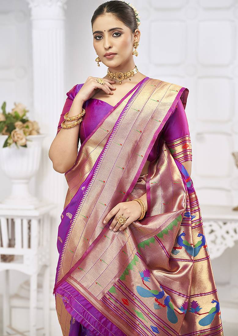 Royal purple paithani silk blend saree with gold zari border & peacock pallu