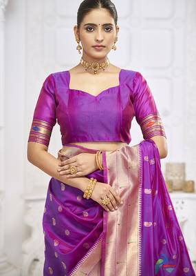 Royal purple paithani silk blend saree with gold zari border & peacock pallu 4