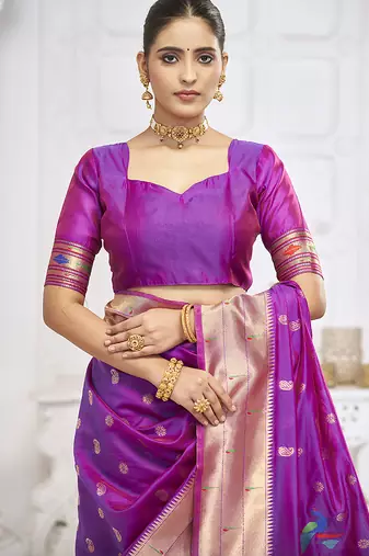 Royal purple paithani silk blend saree with gold zari border & peacock pallu