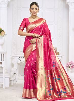 Rani pink paithani silk blend saree with gold zari border & peacock pallu 1