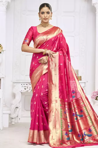 Rani pink paithani silk blend saree with gold zari border & peacock pallu