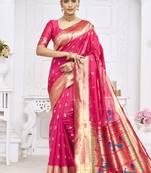 Rani pink paithani silk blend saree with gold zari border & peacock pallu