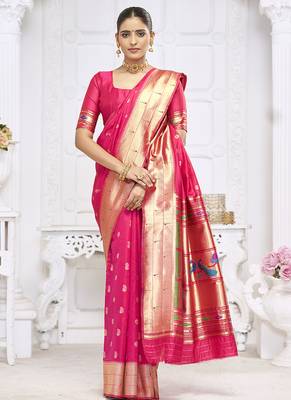 Rani pink paithani silk blend saree with gold zari border & peacock pallu 2