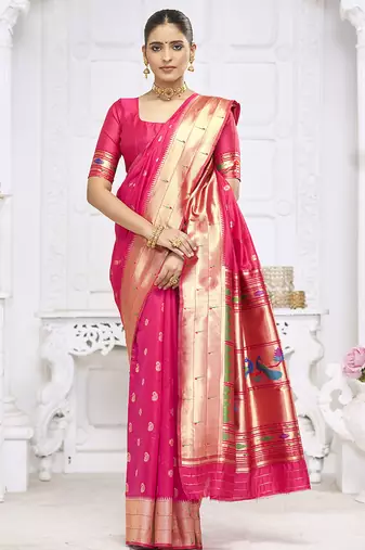 Rani pink paithani silk blend saree with gold zari border & peacock pallu
