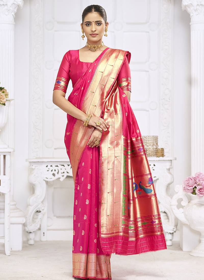 Rani pink paithani silk blend saree with gold zari border & peacock pallu