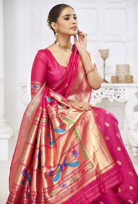 Rani pink paithani silk blend saree with gold zari border & peacock pallu 3
