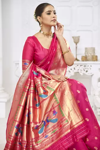 Rani pink paithani silk blend saree with gold zari border & peacock pallu