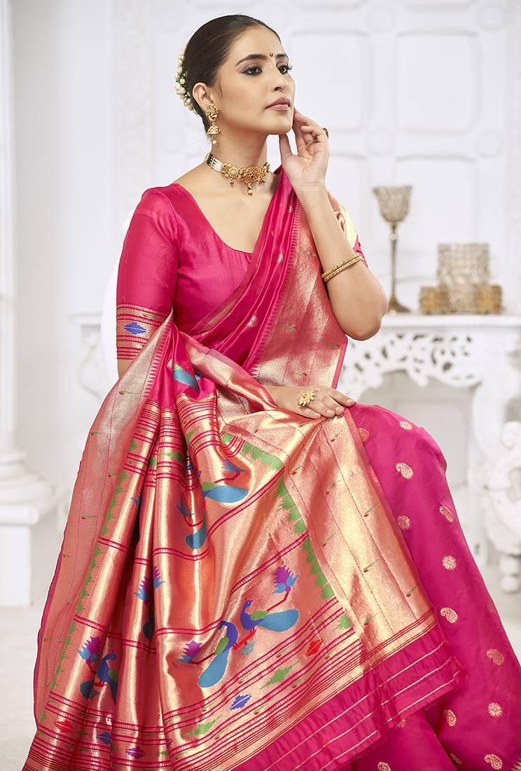Rani pink paithani silk blend saree with gold zari border & peacock pallu