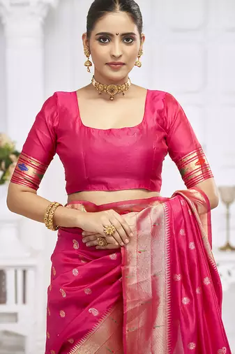 Rani pink paithani silk blend saree with gold zari border & peacock pallu