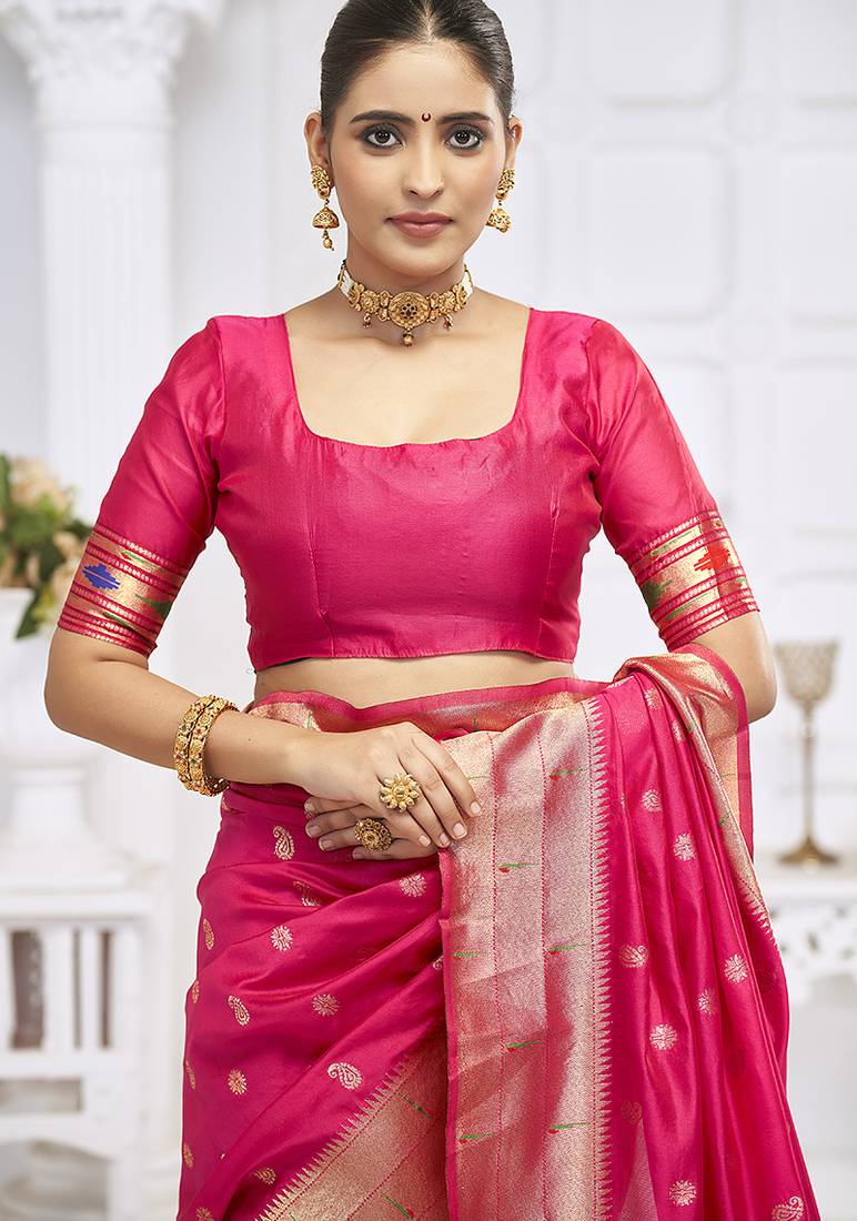 Rani pink paithani silk blend saree with gold zari border & peacock pallu