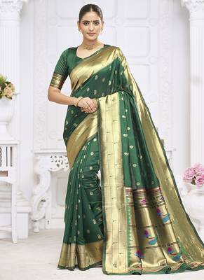 Dark green paithani silk blend saree with gold zari border & peacock pallu 1