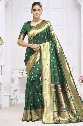 Dark green paithani silk blend saree with gold zari border & peacock pallu