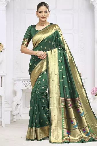 Dark green paithani silk blend saree with gold zari border & peacock pallu