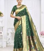 Dark green paithani silk blend saree with gold zari border & peacock pallu