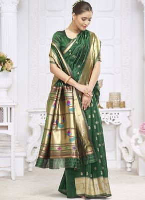 Dark green paithani silk blend saree with gold zari border & peacock pallu 2