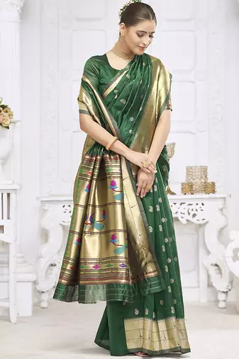 Dark green paithani silk blend saree with gold zari border & peacock pallu