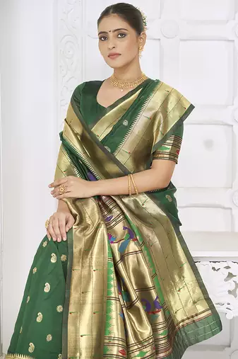 Dark green paithani silk blend saree with gold zari border & peacock pallu